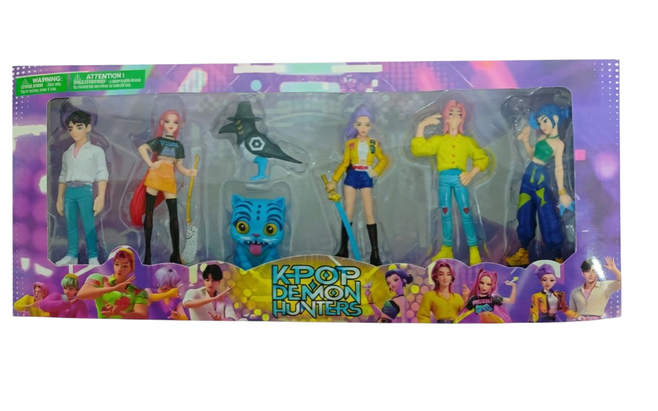 Set 7 Figuras Demon hunters Guerreras KPop Huntrix vs Saja Boys, Gato Tigre Derpy y pájaro urraca Sussie