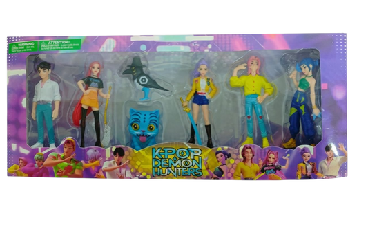 Set 7 Figuras Demon hunters Guerreras KPop Huntrix vs Saja Boys, Gato Tigre Derpy y pájaro urraca Sussie